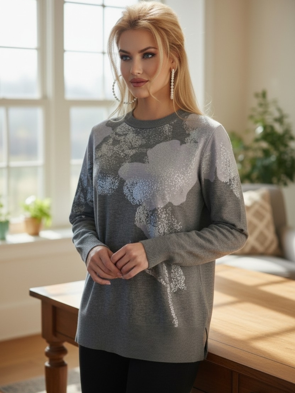 NWT Chico's Silver-Gray Metallic Floral Crewneck Sweater Size 2